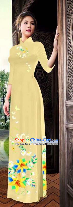 Traditional Top Grade Asian Vietnamese Ha Festival Printing Ao Dai Dress, Vietnam National Jing Nationality Long Light Yellow Cheongsam Costumes for Women