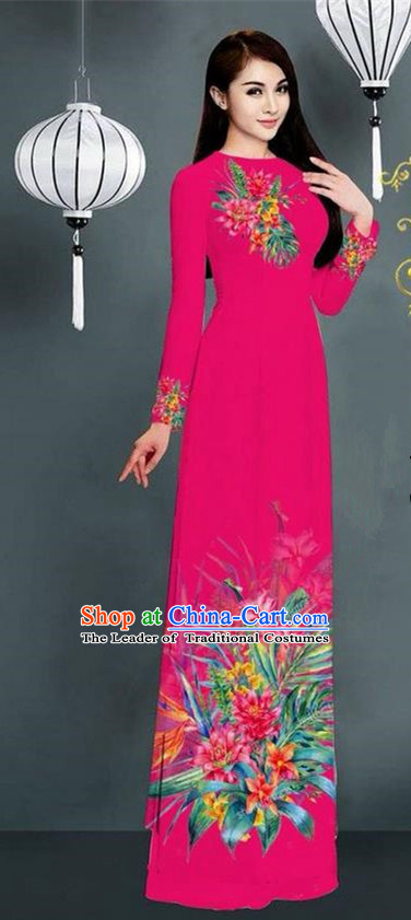 Traditional Top Grade Asian Vietnamese Ha Festival Printing Model Ao Dai Dress, Vietnam National Jing Nationality Rosy Cheongsam Costumes for Women