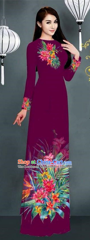 Traditional Top Grade Asian Vietnamese Ha Festival Printing Model Ao Dai Dress, Vietnam National Jing Nationality Amaranth Cheongsam Costumes for Women