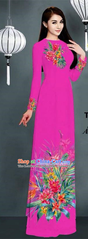 Traditional Top Grade Asian Vietnamese Ha Festival Printing Model Ao Dai Dress, Vietnam National Jing Nationality Plum Color Cheongsam Costumes for Women