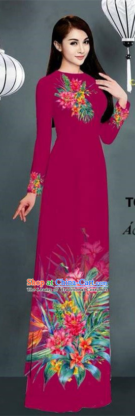 Traditional Top Grade Asian Vietnamese Ha Festival Printing Model Ao Dai Dress, Vietnam National Jing Nationality Wine Red Cheongsam Costumes for Women