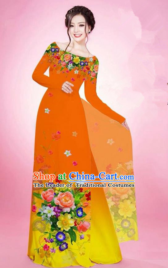 Traditional Top Grade Asian Vietnamese Ha Festival Printing Flowers Orange Ao Dai Dress, Vietnam National Jing Nationality Off Shoulder Cheongsam Costumes for Women