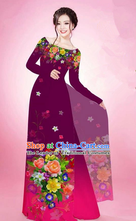 Traditional Top Grade Asian Vietnamese Ha Festival Printing Flowers Purple Ao Dai Dress, Vietnam National Jing Nationality Off Shoulder Cheongsam Costumes for Women