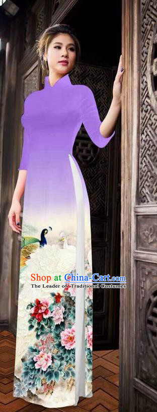 Traditional Top Grade Asian Vietnamese Ha Festival Printing Peony Light Purple Ao Dai Dress, Vietnam National Jing Nationality Princess Cheongsam Costumes for Women