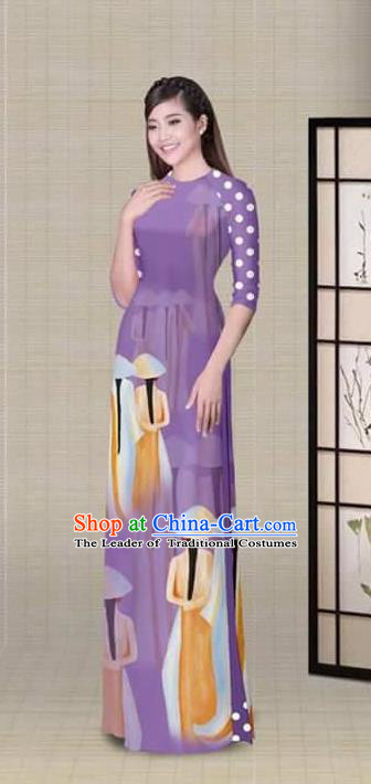 Traditional Top Grade Asian Vietnamese Ha Festival Printing Purple Ao Dai Dress, Vietnam National Jing Nationality Princess Cheongsam Costumes for Women