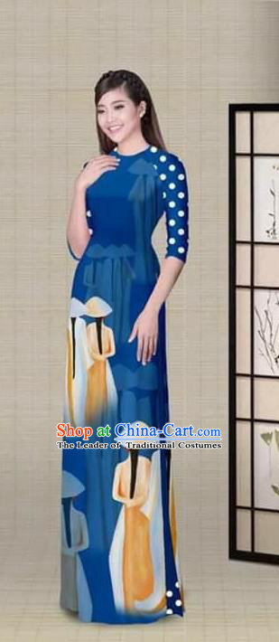 Traditional Top Grade Asian Vietnamese Ha Festival Printing Royalblue Ao Dai Dress, Vietnam National Jing Nationality Princess Cheongsam Costumes for Women