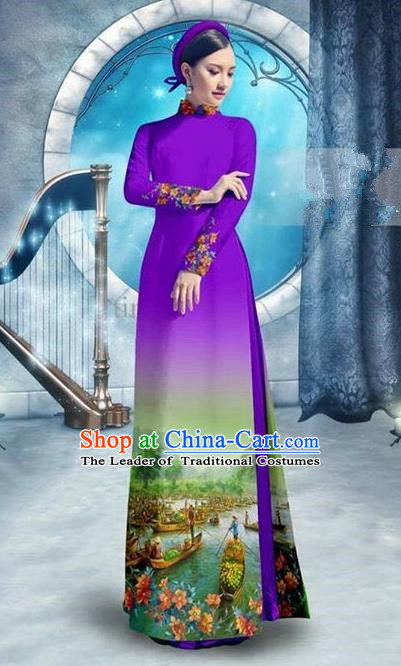 Traditional Top Grade Asian Vietnamese Ha Festival Printing Bride Handmade Ao Dai Dress, Vietnam National Jing Nationality Princess Cheongsam Costumes for Women