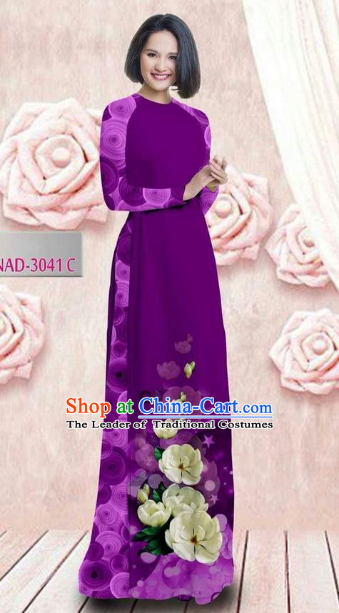 Traditional Top Grade Asian Vietnamese Ha Festival 3D Printing Bride Ao Dai Dress, Vietnam National Jing Nationality Princess Violet Cheongsam Costumes for Women