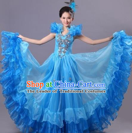 Top Grade Compere Professional Compere Costume, Ballroom Dance Dress Modern Opening Dance Big Swing Blue Dress for Women