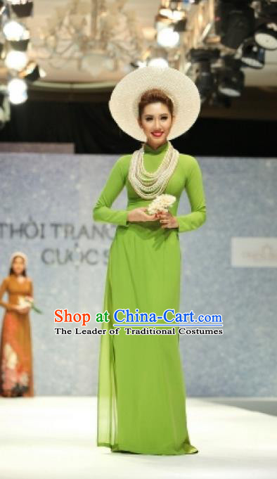 Traditional Top Grade Asian Vietnamese Ha Festival Bride Ao Dai Dress, Vietnam National Jing Nationality Princess Green Cheongsam Costumes for Women