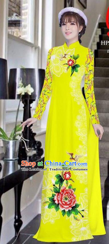 Traditional Top Grade Asian Vietnamese Ha Festival Bride Printing Peony Yellow Ao Dai Dress, Vietnam Women National Jing Nationality Princess Cheongsam Costumes