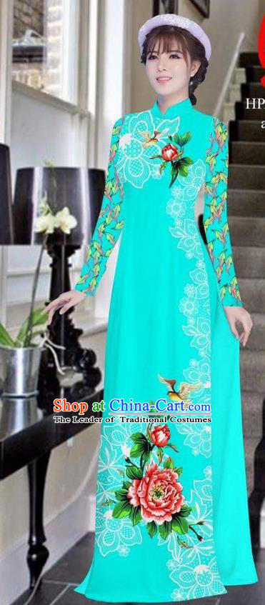 Traditional Top Grade Asian Vietnamese Ha Festival Bride Printing Peony Light Blue Ao Dai Dress, Vietnam Women National Jing Nationality Princess Cheongsam Costumes