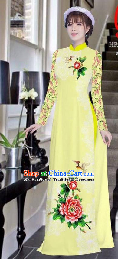 Traditional Top Grade Asian Vietnamese Ha Festival Bride Printing Peony Light Yellow Ao Dai Dress, Vietnam Women National Jing Nationality Princess Cheongsam Costumes