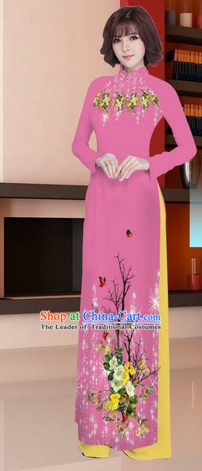 Traditional Top Grade Asian Vietnamese Ha Festival Printing Ao Dai Dress, Vietnam Women National Jing Nationality Princess Rosy Cheongsam Bride Costumes