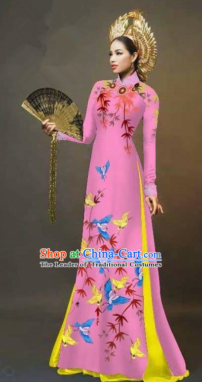 Traditional Top Grade Asian Vietnamese Ha Festival Printing Cranes Ao Dai Dress, Vietnam Women National Jing Nationality Queen Pink Cheongsam Bride Costumes