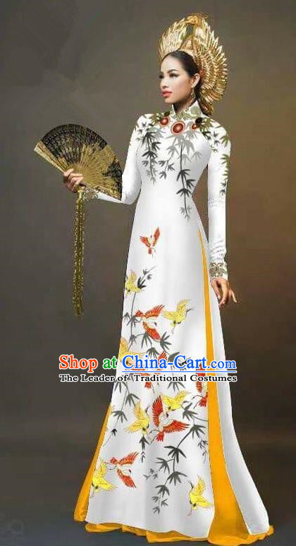 Traditional Top Grade Asian Vietnamese Ha Festival Printing Cranes Ao Dai Dress, Vietnam Women National Jing Nationality Queen Cheongsam Bride Costumes