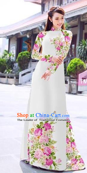 Traditional Top Grade Asian Vietnamese Ha Festival Printing Flowers White Ao Dai Dress, Vietnam Women National Jing Nationality Princess Cheongsam Bride Costumes