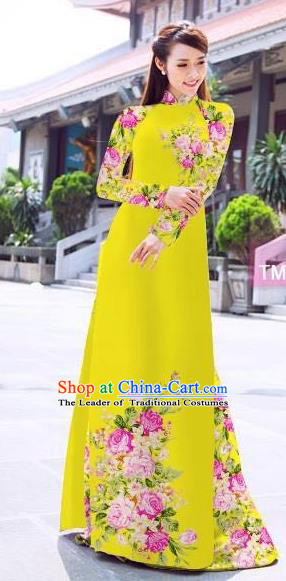 Traditional Top Grade Asian Vietnamese Ha Festival Printing Flowers Yellow Ao Dai Dress, Vietnam Women National Jing Nationality Princess Cheongsam Bride Costumes