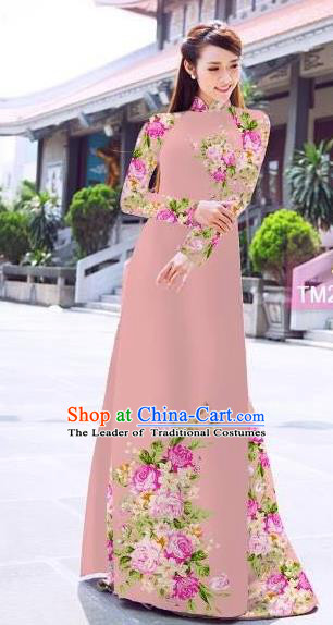 Traditional Top Grade Asian Vietnamese Ha Festival Printing Flowers Pink Ao Dai Dress, Vietnam Women National Jing Nationality Princess Cheongsam Bride Costumes