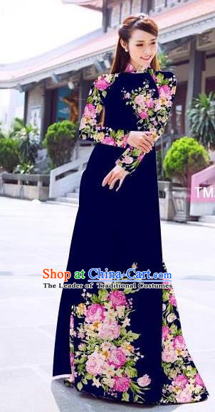 Traditional Top Grade Asian Vietnamese Ha Festival Printing Flowers Royalblue Ao Dai Dress, Vietnam Women National Jing Nationality Princess Cheongsam Bride Costumes