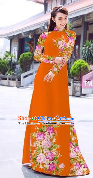 Traditional Top Grade Asian Vietnamese Ha Festival Printing Flowers Orange Ao Dai Dress, Vietnam Women National Jing Nationality Princess Cheongsam Bride Costumes