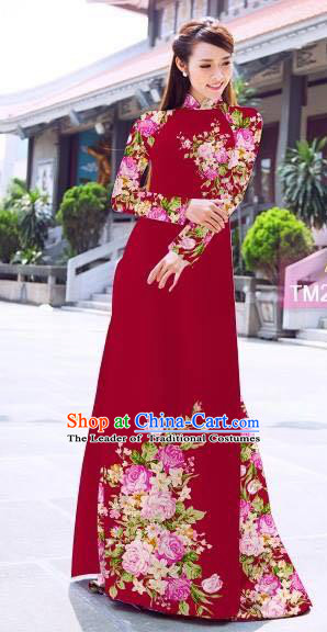 Traditional Top Grade Asian Vietnamese Ha Festival Printing Flowers Wine Red Ao Dai Dress, Vietnam Women National Jing Nationality Princess Cheongsam Bride Costumes