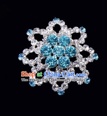 Chinese Ancient Peking Opera Jewelery Accessories, Traditional Chinese Beijing Opera Props Octagon Brooch Ornaments Hua Tan Blue Rhinestone Breastpin