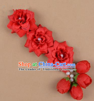 Chinese Ancient Peking Opera Red Flowers Hair Accessories, Traditional Chinese Beijing Opera Props Head Ornaments Hua Tan Flocking Headwear Hairpins