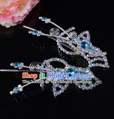 Chinese Ancient Peking Opera Hair Accessories Young Lady Headwear, Traditional Chinese Beijing Opera Head Ornaments Hua Tan Butterfly Blue Crystal Hairpins