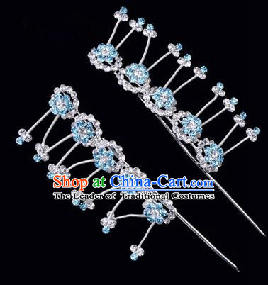 Chinese Ancient Peking Opera Hair Accessories Young Lady Headwear, Traditional Chinese Beijing Opera Head Ornaments Hua Tan Plum Blossom Blue Crystal Hairpins