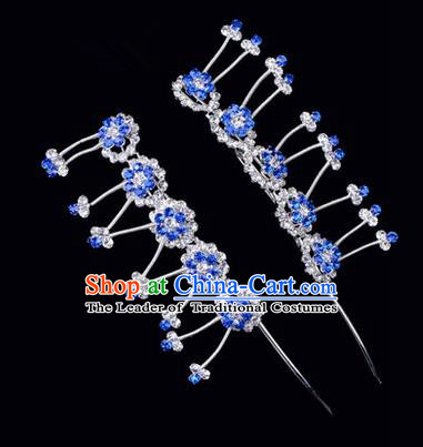 Chinese Ancient Peking Opera Hair Accessories Young Lady Headwear, Traditional Chinese Beijing Opera Head Ornaments Hua Tan Plum Blossom Blue Crystal Hairpins