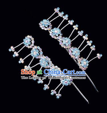 Chinese Ancient Peking Opera Hair Accessories Young Lady Headwear, Traditional Chinese Beijing Opera Head Ornaments Hua Tan Plum Blossom Colorful Blue Crystal Hairpins