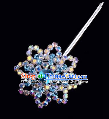 Chinese Ancient Peking Opera Pink Flowers Hair Accessories Headwear, Traditional Chinese Beijing Opera Head Ornaments Hua Tan Colorful Blue Hexagonal Crystal Bulb Hairpins