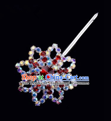 Chinese Ancient Peking Opera Pink Flowers Hair Accessories Headwear, Traditional Chinese Beijing Opera Head Ornaments Hua Tan Colorful Red Octagon Crystal Bulb Hairpins