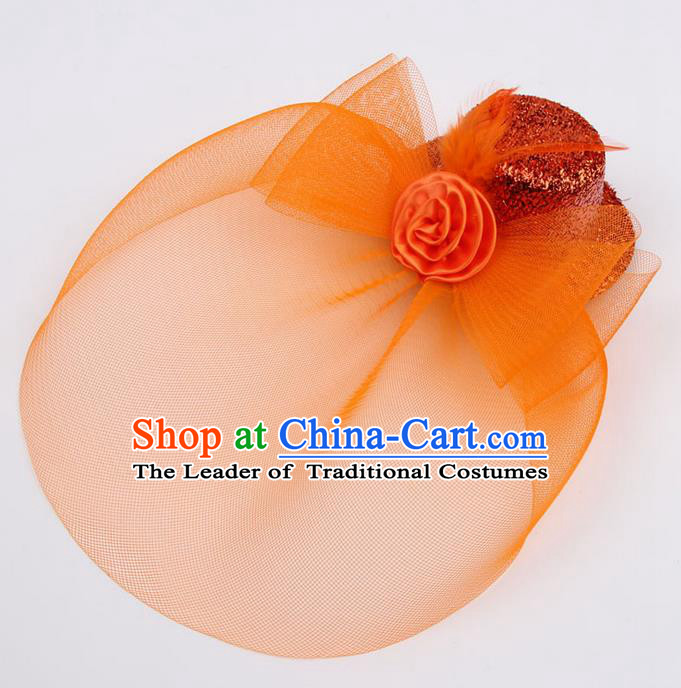 Top Modern Dance Hair Accessories, Female Orange Veil Top Hat Ornament Headband for Women