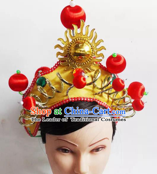 Traditional Chinese Peking Opera Headwear Waist Drum Hair Accessories, Chinese Folk Dance Golden Hat for Women