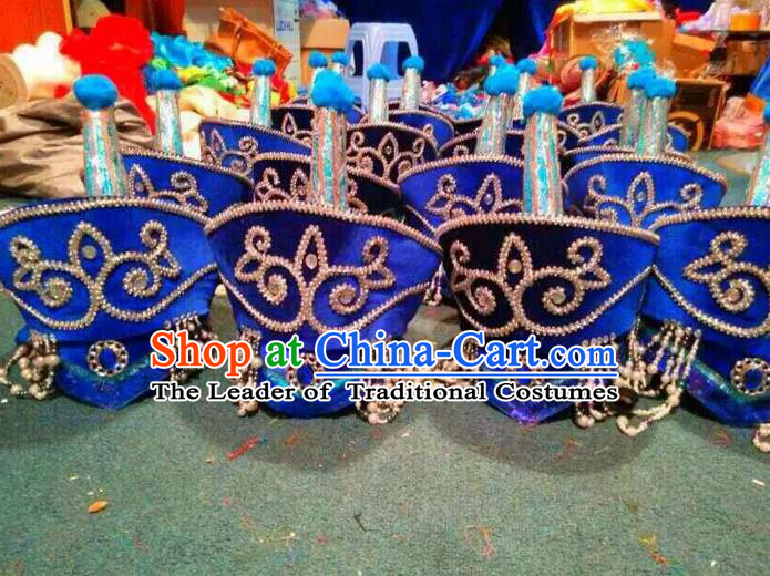 Traditional Chinese Mongol Nationality Dance Headwear, Mongols Folk Dance Hair Accessories, Chinese Mongolian Minority Princess Royalblue Hat for Women