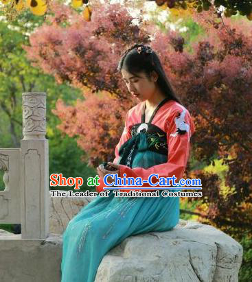 Traditional Chinese Ancient Tang Dynasty Female Costumes, China Hanfu Embroidered Blouse and Dress Complete Set Wearing for Women