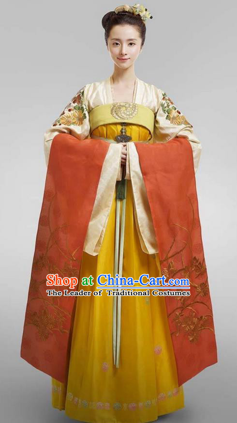 Chinese Ancient Tang Dynasty Imperial Princess Costume, Traditional Chinese Ancient Palace Lady Aristocratic Miss Costume and Headpiece Complete Set for Women