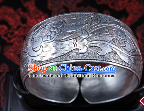 Traditional Chinese Miao Nationality Accessories Bracelet, Hmong Female Ethnic Pure Sliver Phoenix Bangle for Women