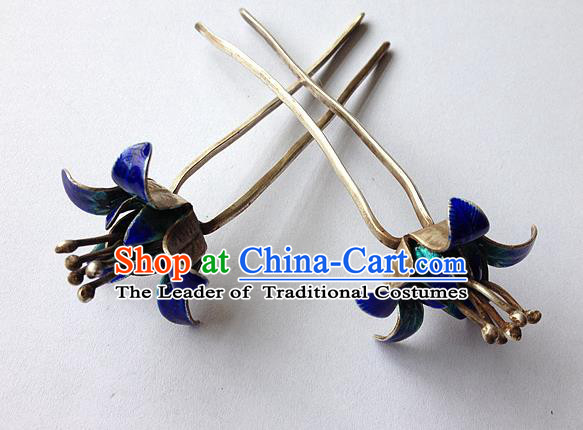 Traditional Handmade Chinese Ancient Classical Hair Accessories Barrettes, Bride Wedding Step Shake Hair Sticks Blueing Hairpins for Women