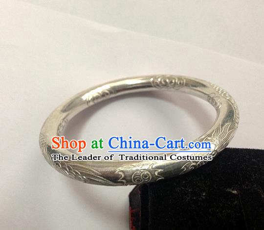 Traditional Chinese Miao Nationality Accessories Bracelet, Hmong Female Ethnic Pure Sliver Phoenix Bangle for Women