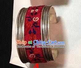 Traditional Chinese Miao Nationality Accessories Bracelet, Hmong Female Ethnic Pure Sliver Embroidery Bangle for Women