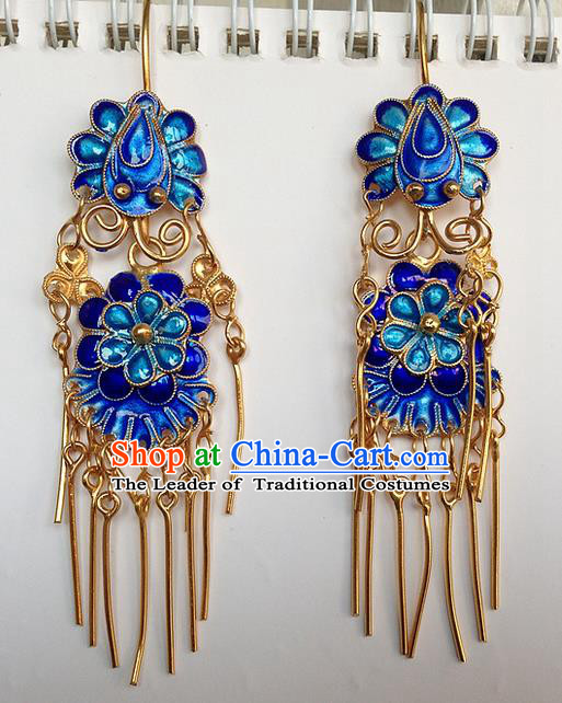 Traditional Handmade Chinese Ancient Classical Jewellery Accessories Blueing Earrings, Ming Dynasty Wedding Gilding Tassel Eardrop for Women