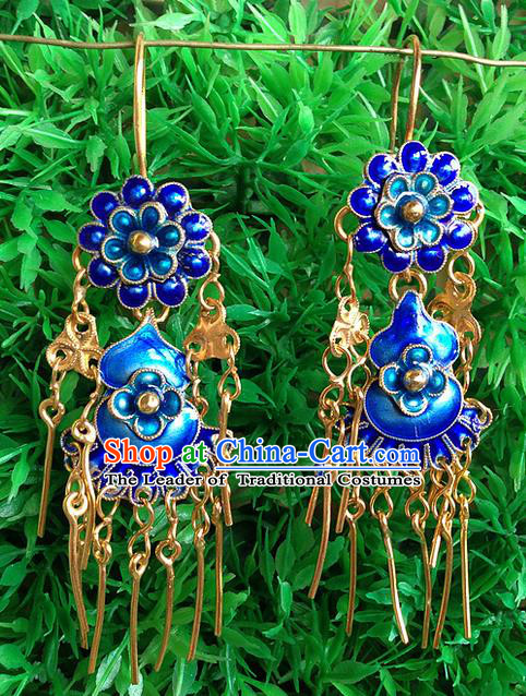 Traditional Handmade Chinese Ancient Classical Jewellery Accessories Blueing Earrings, Ming Dynasty Wedding Gilding Tassel Eardrop for Women