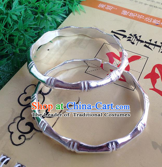 Traditional Chinese Miao Nationality Accessories Bracelet, Hmong Female Ethnic Pure Sliver Bamboo Bangle for Women