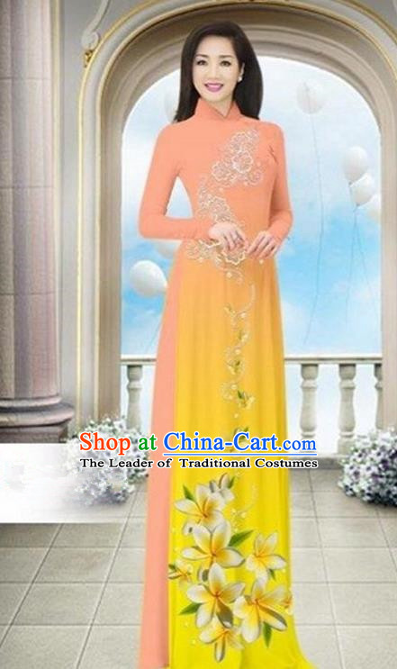 Top Grade Asian Vietnamese Traditional Dress, Vietnam Bride Ao Dai Dress Wedding Yellow Printing Cheongsam Clothing for Women