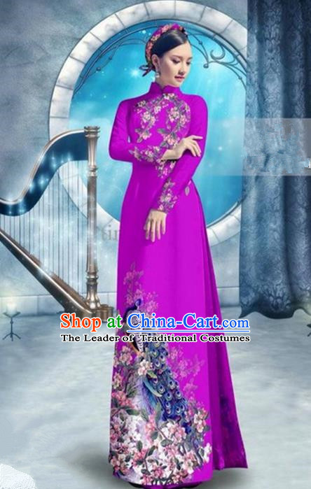 Top Grade Asian Vietnamese Traditional Dress, Vietnam Bride Ao Dai Dress, Princess Wedding Printing Peacock Rose Cheongsam Clothing for Women