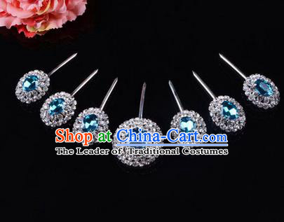 Chinese Ancient Peking Opera Hair Accessories Young Lady Seven stars Headwear, Traditional Chinese Beijing Opera Head Ornaments Hua Tan Blue Crystal Hairpins