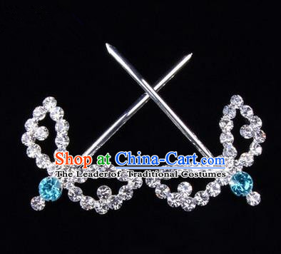 Chinese Ancient Peking Opera Hair Accessories Young Lady Headwear, Traditional Chinese Beijing Opera Head Ornaments Hua Tan Blue Crystal Willow Leaf Hairpins